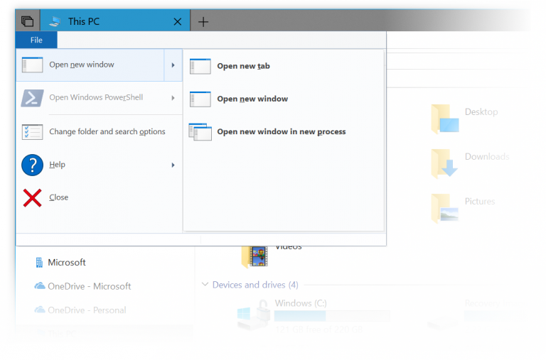 Showing File Explorer’s File menu, with new Open new tab option.