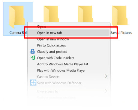 Showing a folder’s context menu in File Explorer. Open in a new tab is highlighted.